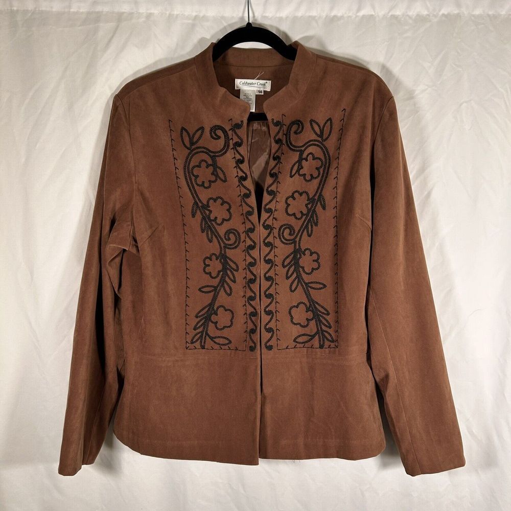 Coldwater Creek Cardigan Women's 14 Brown Floral Embroidered Hook & Eye